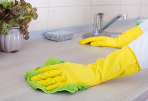 Cleaning supplies arranged for an effective regular cleaning routine