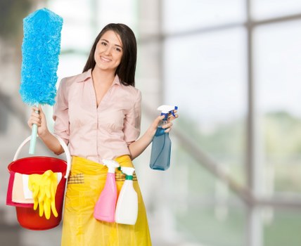 Turnover cleaning supplies arranged for a short-term rental